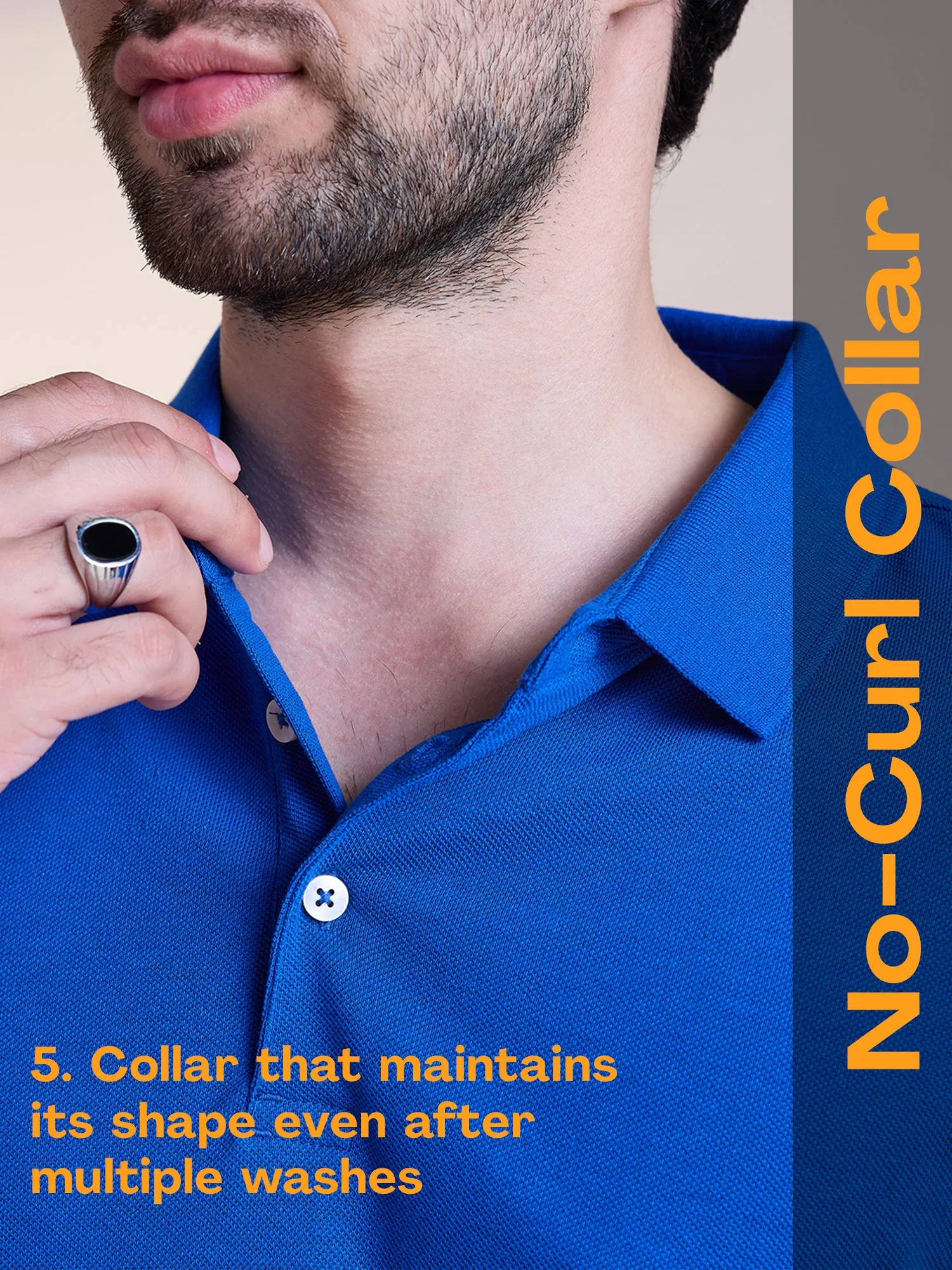 Anti Stain & Anti Odor Cotton Polo with No - Curl Collar - Cobalt Blue