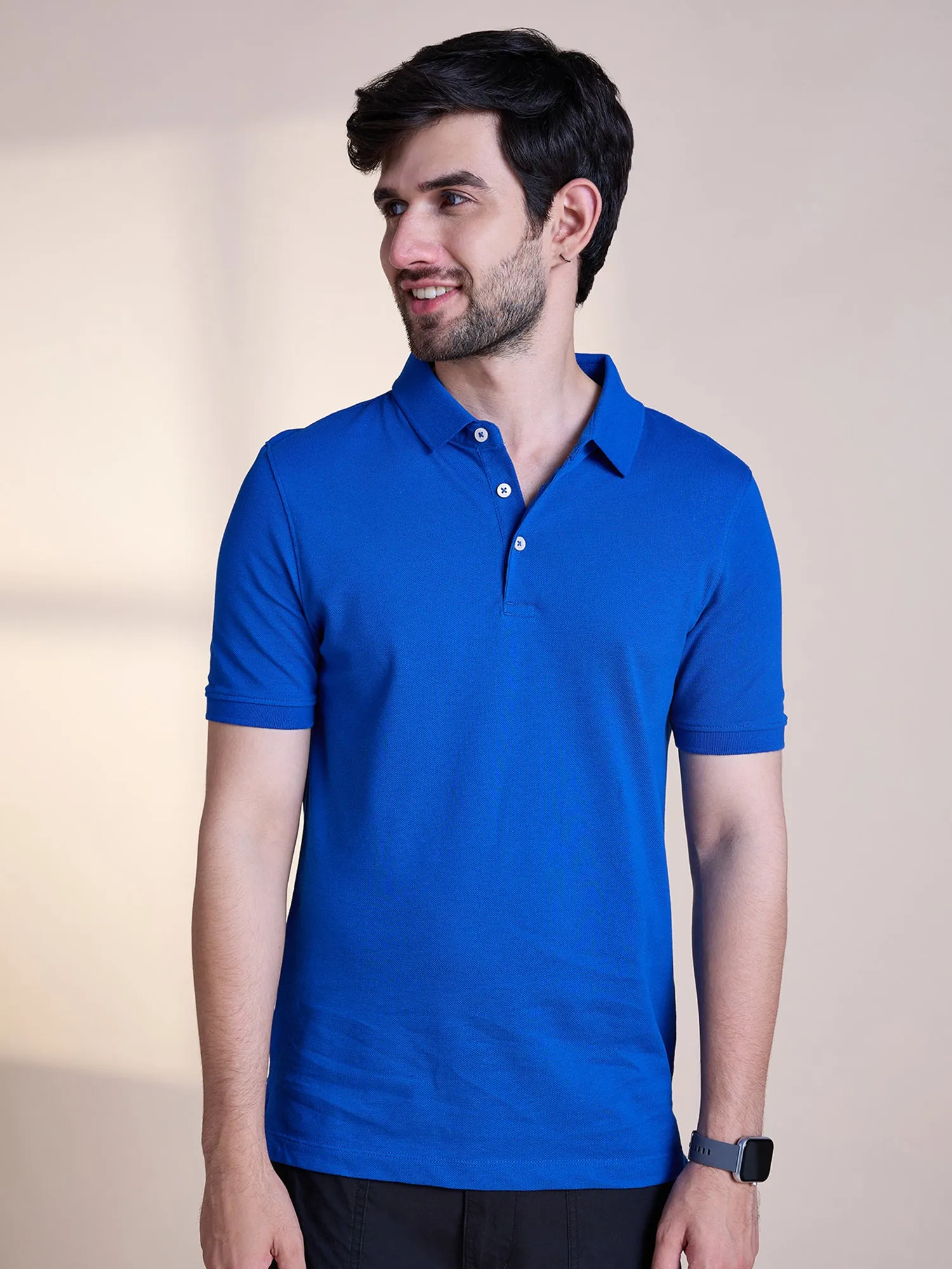 Anti Stain & Anti Odor Cotton Polo with No - Curl Collar - Cobalt Blue