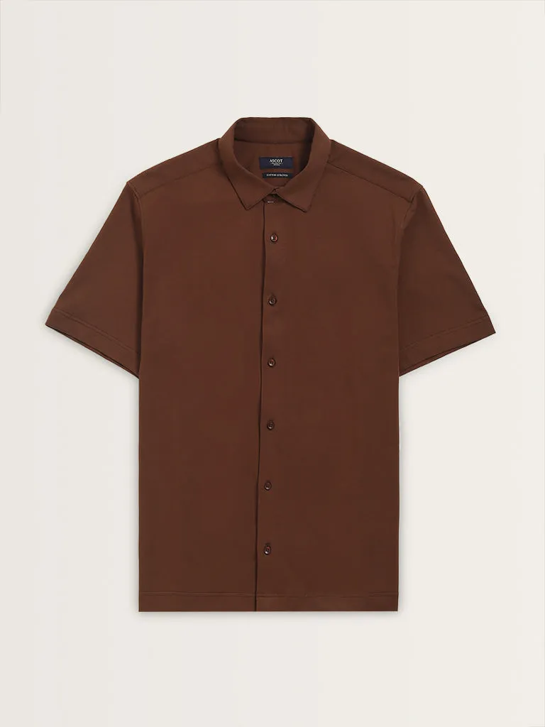 Ascot Brown Cotton Blend Relaxed Fit Solid Shirt