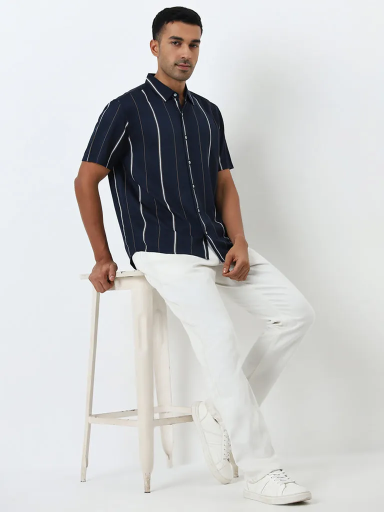 Ascot Navy Stripe Printed Relaxed-Fit Shirt