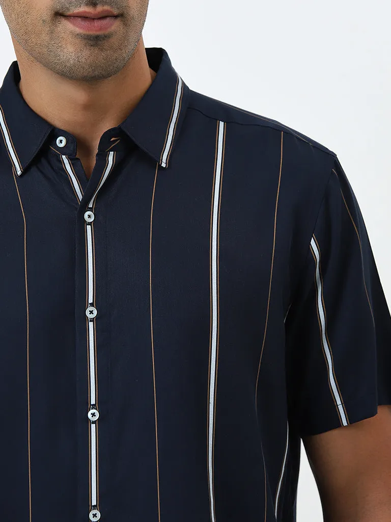 Ascot Navy Stripe Printed Relaxed-Fit Shirt