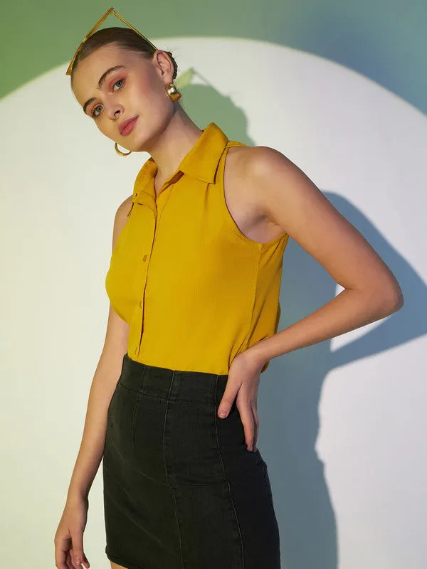 Berrylush Women Solid Yellow Spread Collar Neck Sleeveless Button-Up Curved Hem Regular Shirt