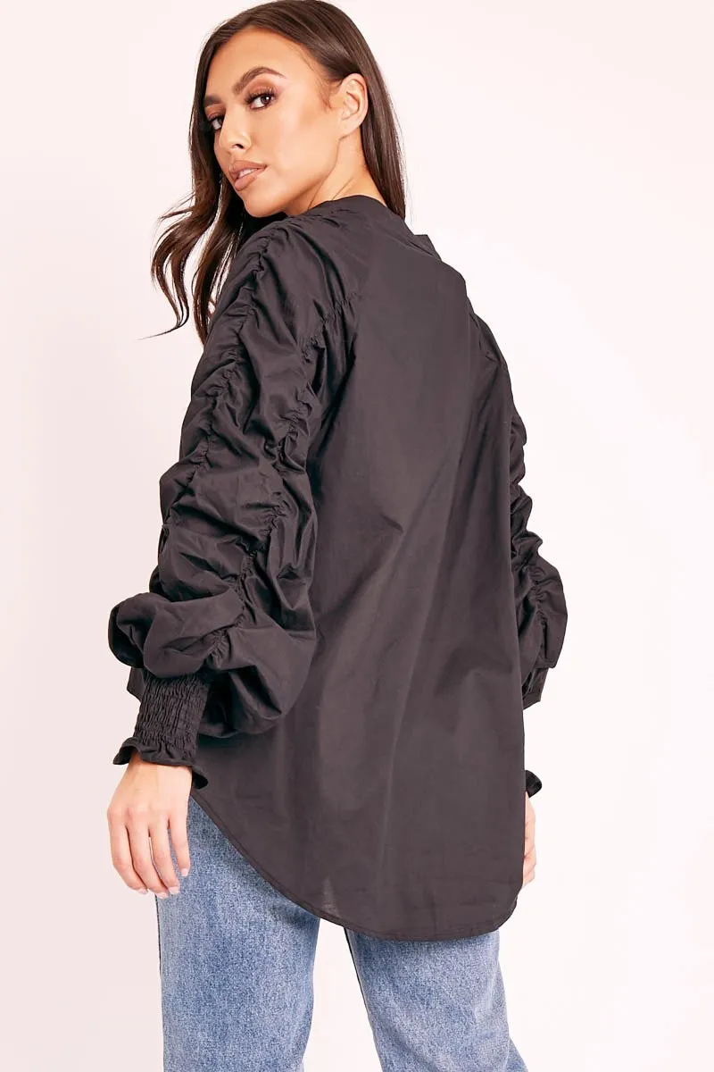 Black Ruched Sleeve Collarless Shirt - Sarah