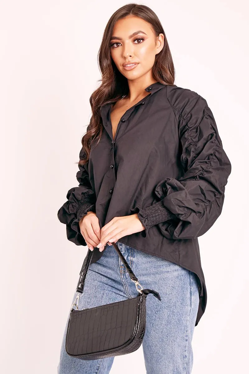 Black Ruched Sleeve Collarless Shirt - Sarah