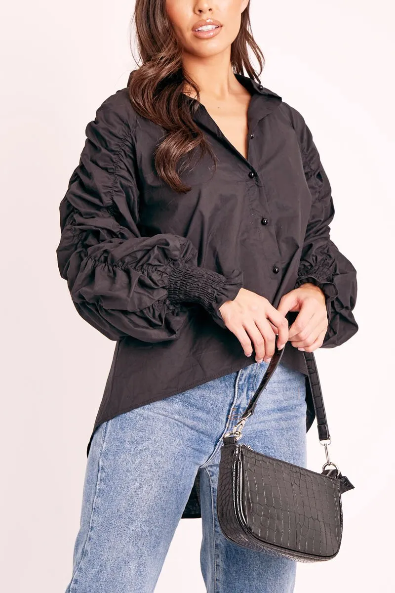 Black Ruched Sleeve Collarless Shirt - Sarah