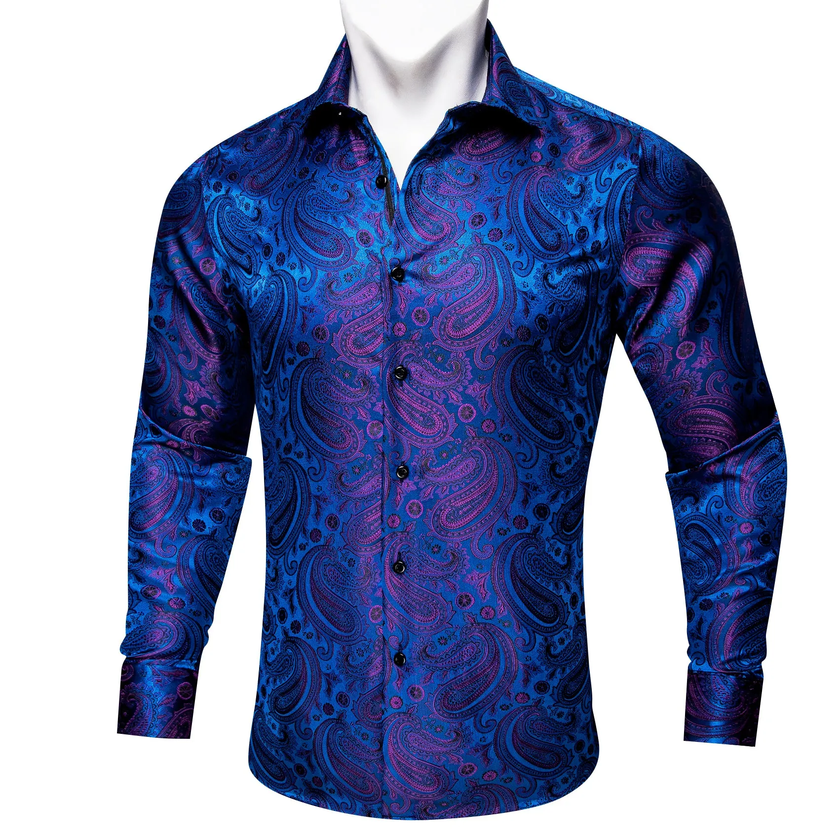 Blue Purple Paisley Silk Men's Long Sleeve Shirt