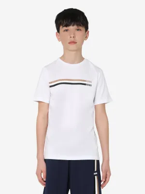 BOSS Boys Logo Stripe T-Shirt In White