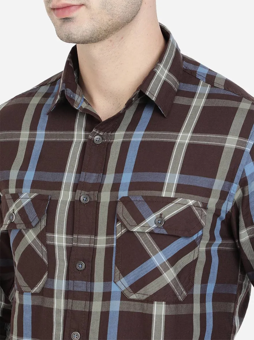 Brown Checked Slim Fit Semi Casual Shirt | Greenfibre