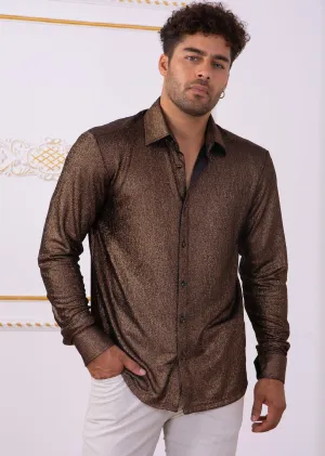 Brown Metallic Crackle Brocade Shirt