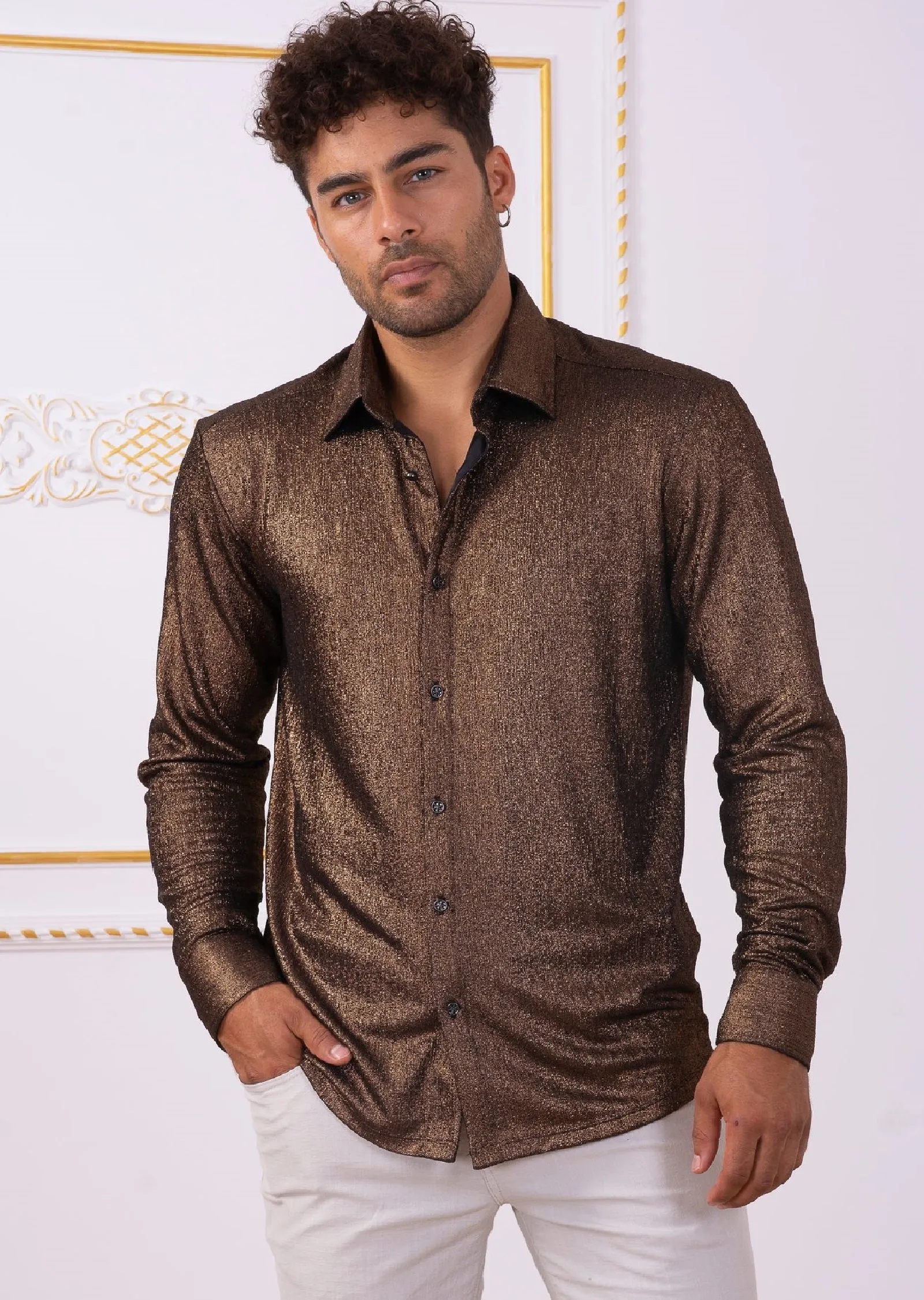 Brown Metallic Crackle Brocade Shirt