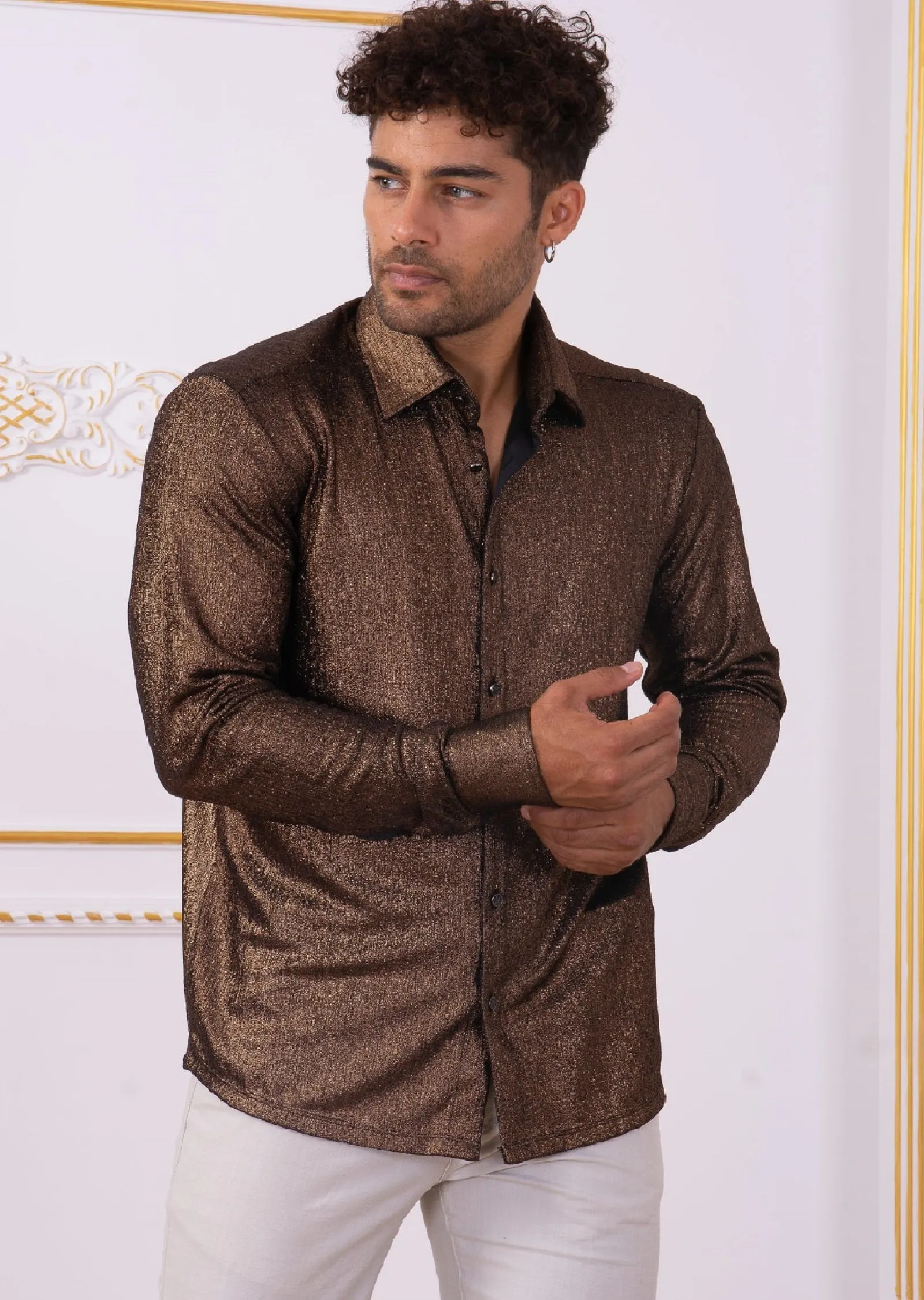 Brown Metallic Crackle Brocade Shirt