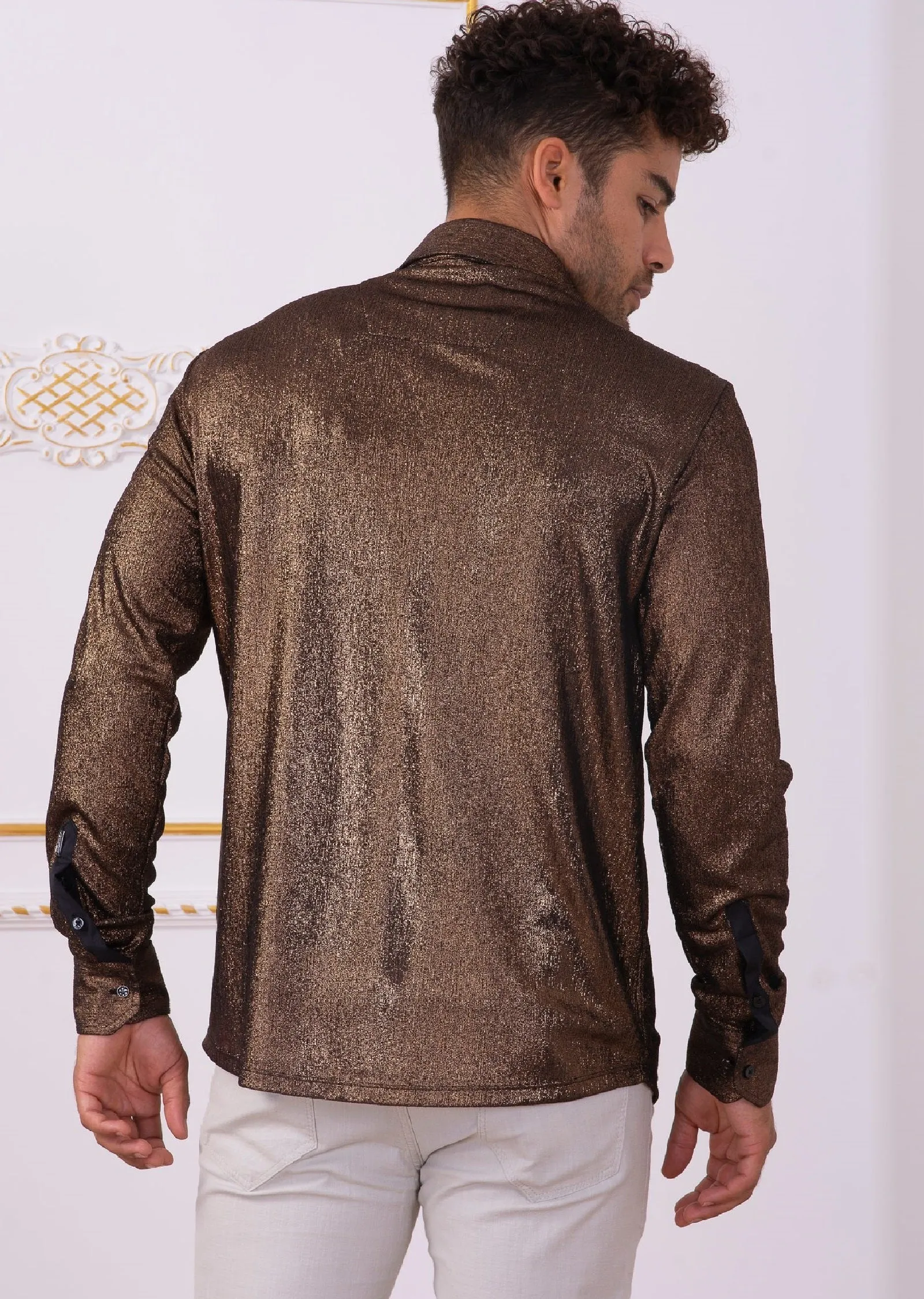 Brown Metallic Crackle Brocade Shirt