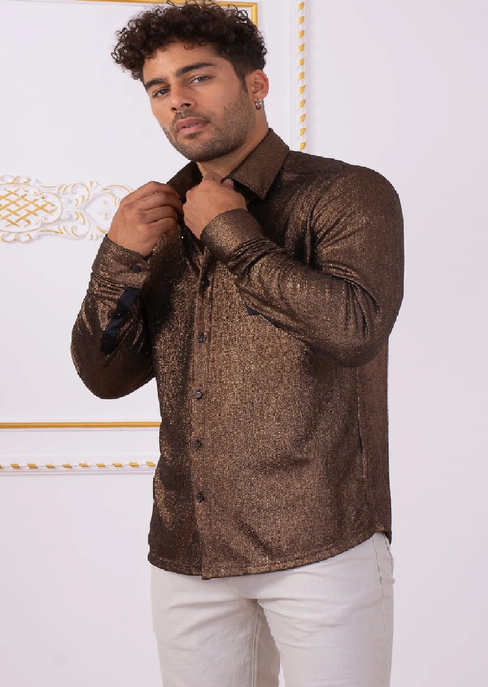 Brown Metallic Crackle Brocade Shirt