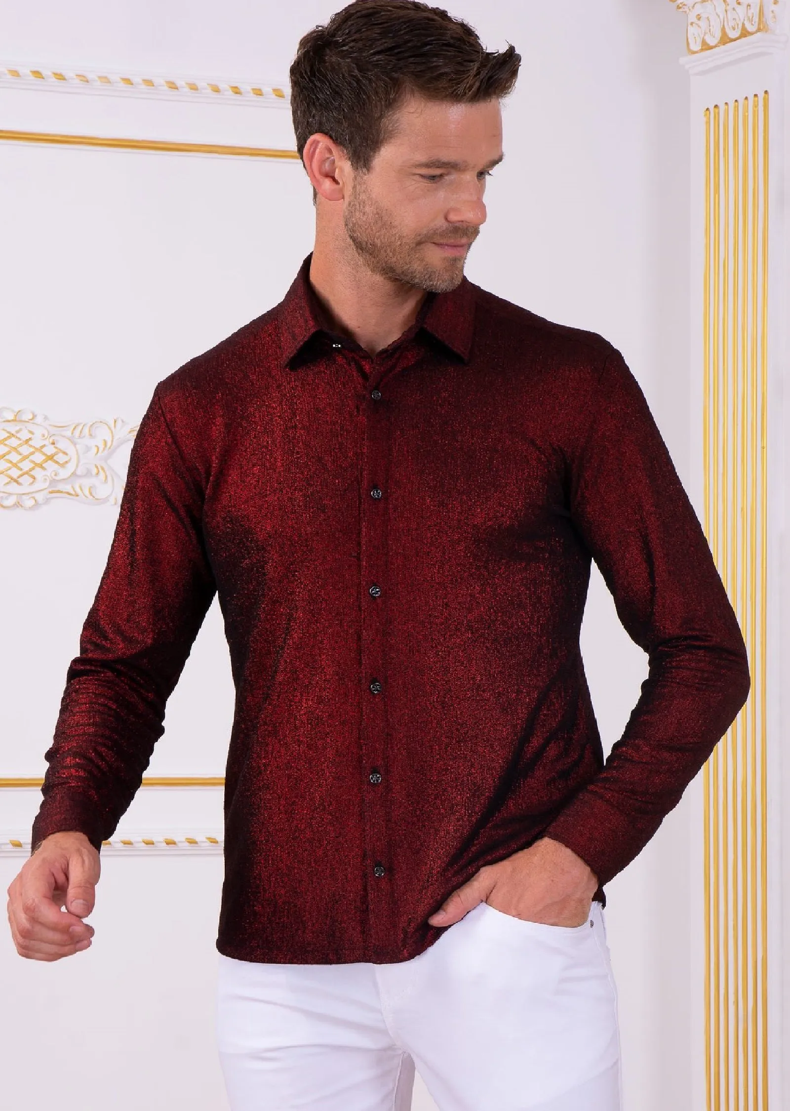 Burgundy Metallic Crackle Brocade Shirt