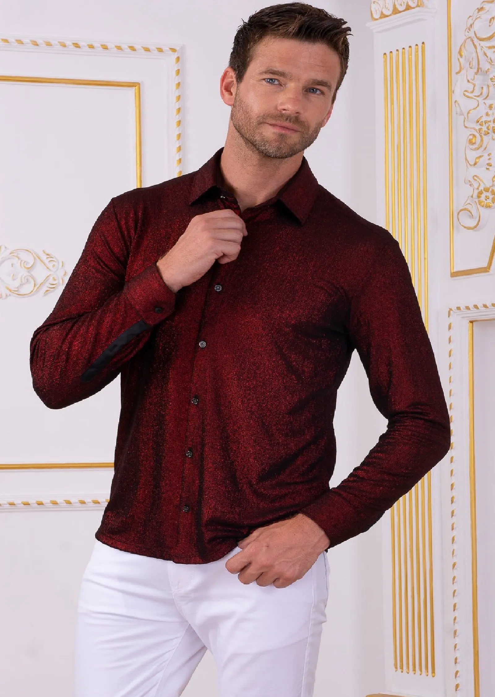 Burgundy Metallic Crackle Brocade Shirt