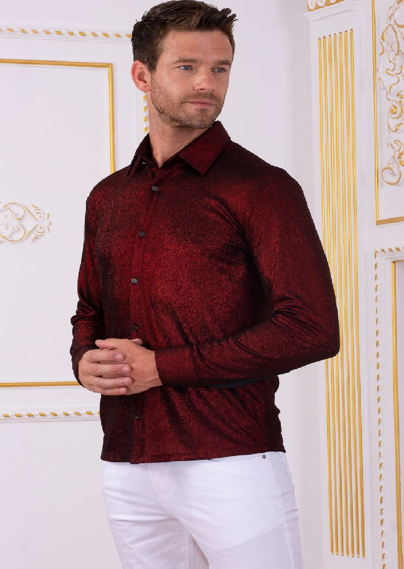 Burgundy Metallic Crackle Brocade Shirt