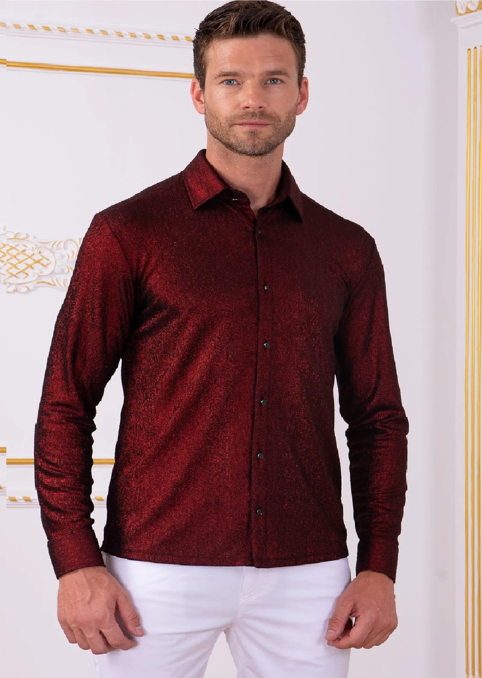 Burgundy Metallic Crackle Brocade Shirt