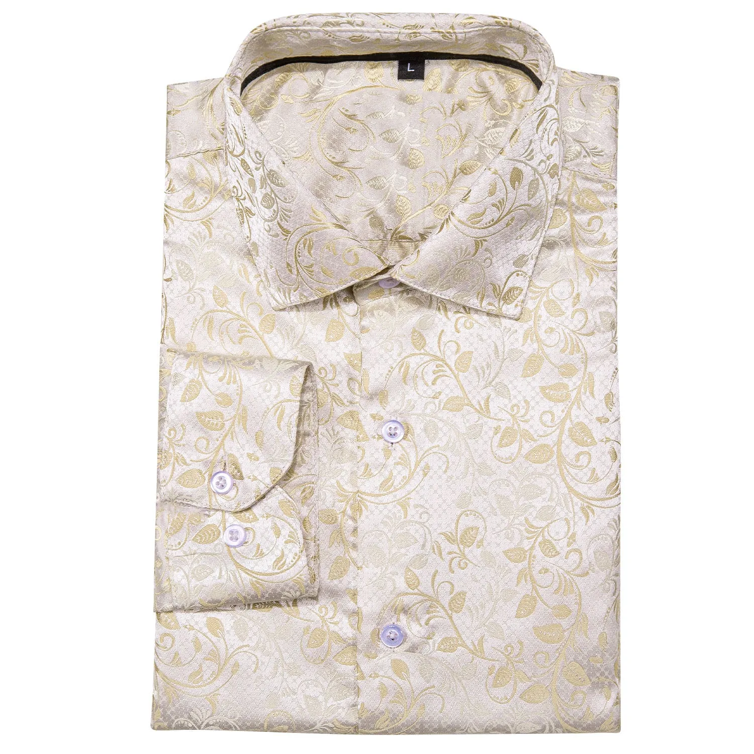 Champagne White Floral Pattern Silk Men's Long Sleeve Shirt