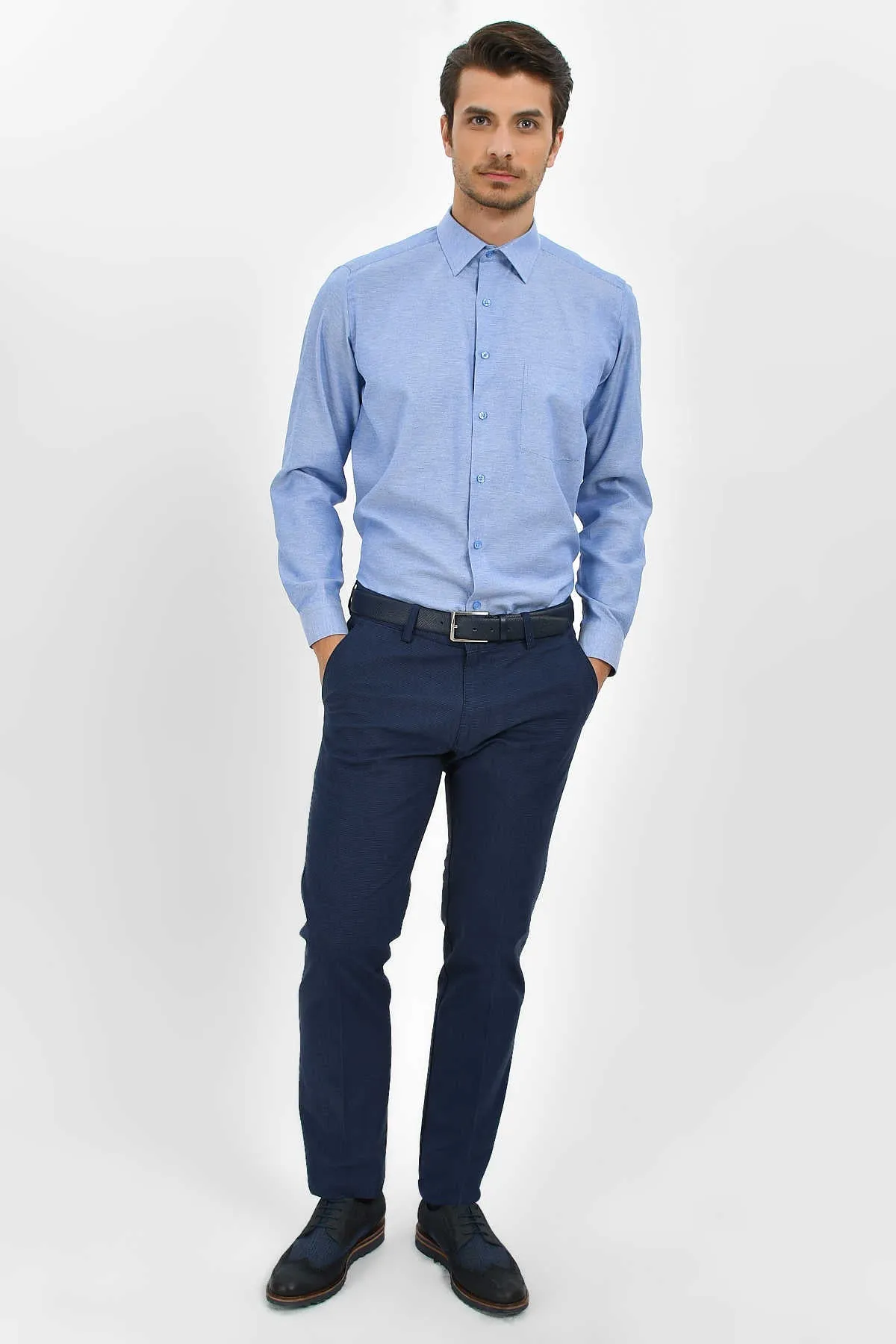 Classic Fit Long Sleeve Cotton Blend Dark Blue Dress Shirt