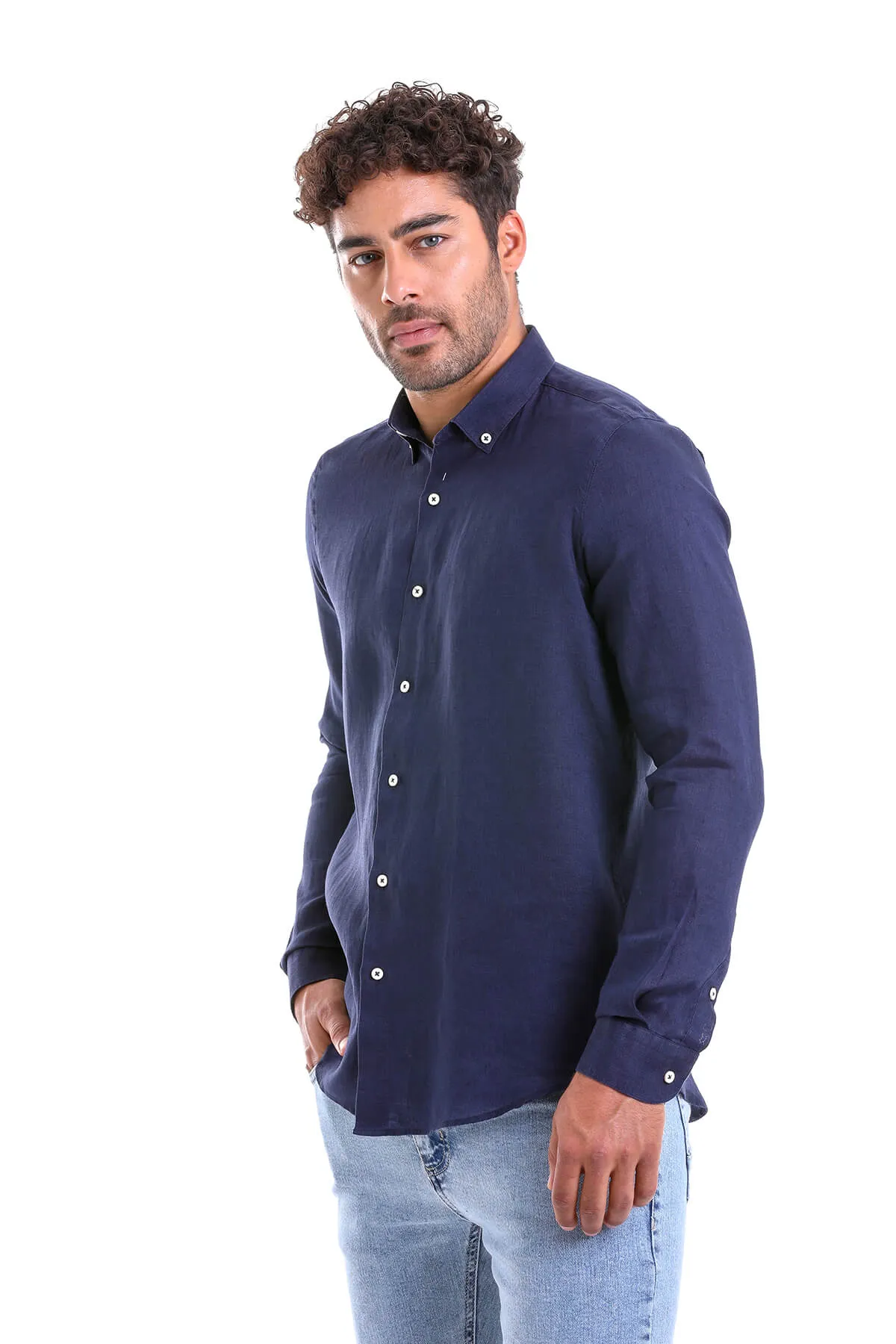 Comfort Fit Long Sleeve Plain Linen Casual Shirt, Navy