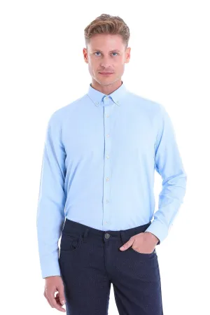 Comfort Fit Plain Cotton Blend Light Blue Casual Shirt