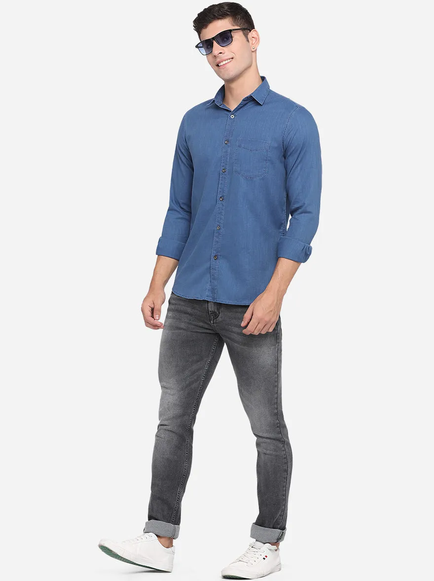 Denim Blue Solid Slim Fit Semi Casual Shirt | JadeBlue