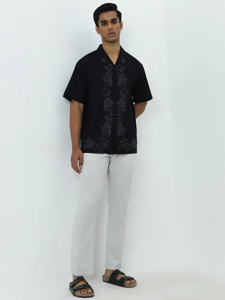 ETA Black Floral Embroidered Relaxed-Fit Cotton Blend Shirt