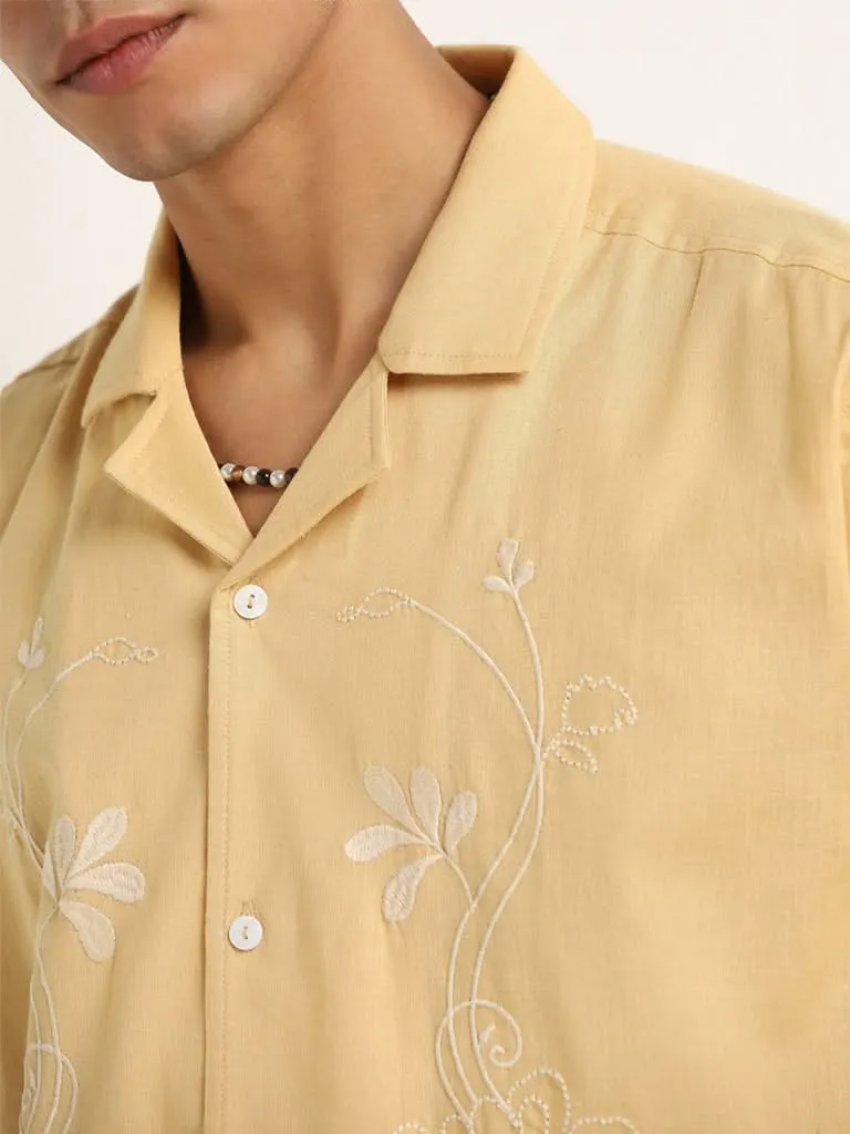 ETA Dusty Yellow Embroidered Relaxed-Fit Cotton Shirt