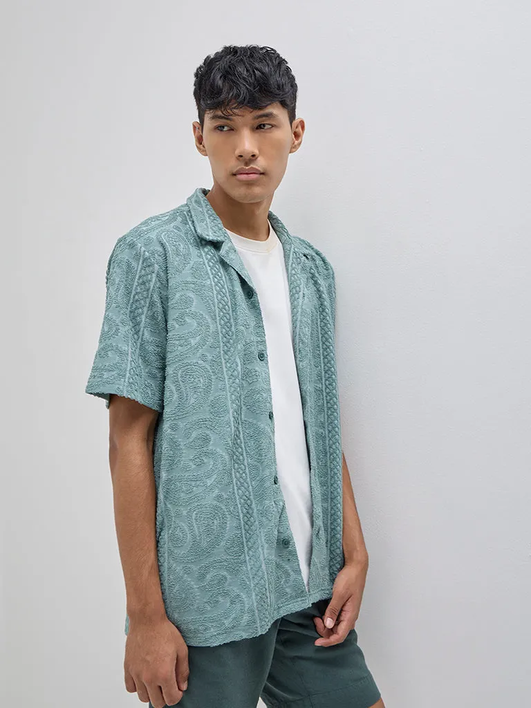 ETA Teal Embroidered Relaxed-Fit Cotton Shirt