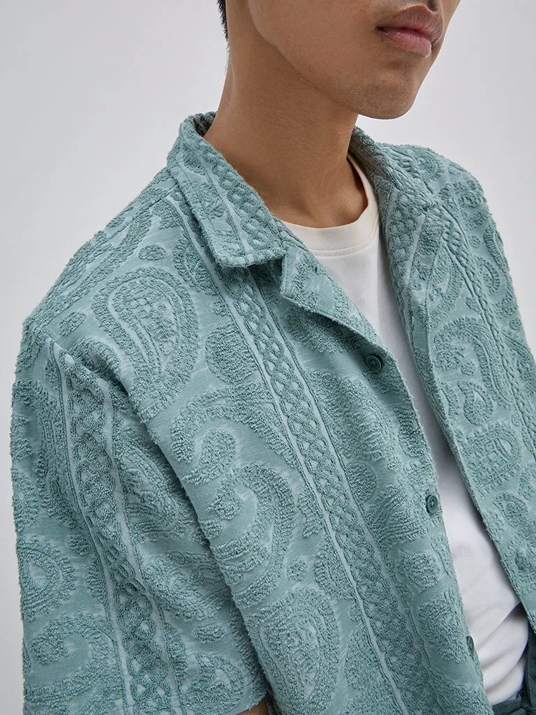 ETA Teal Embroidered Relaxed-Fit Cotton Shirt