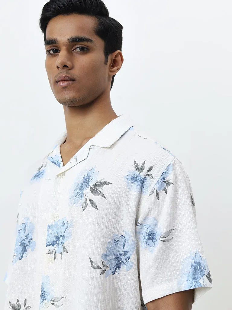 ETA White Floral Pattern Relaxed-Fit Cotton Blend Shirt