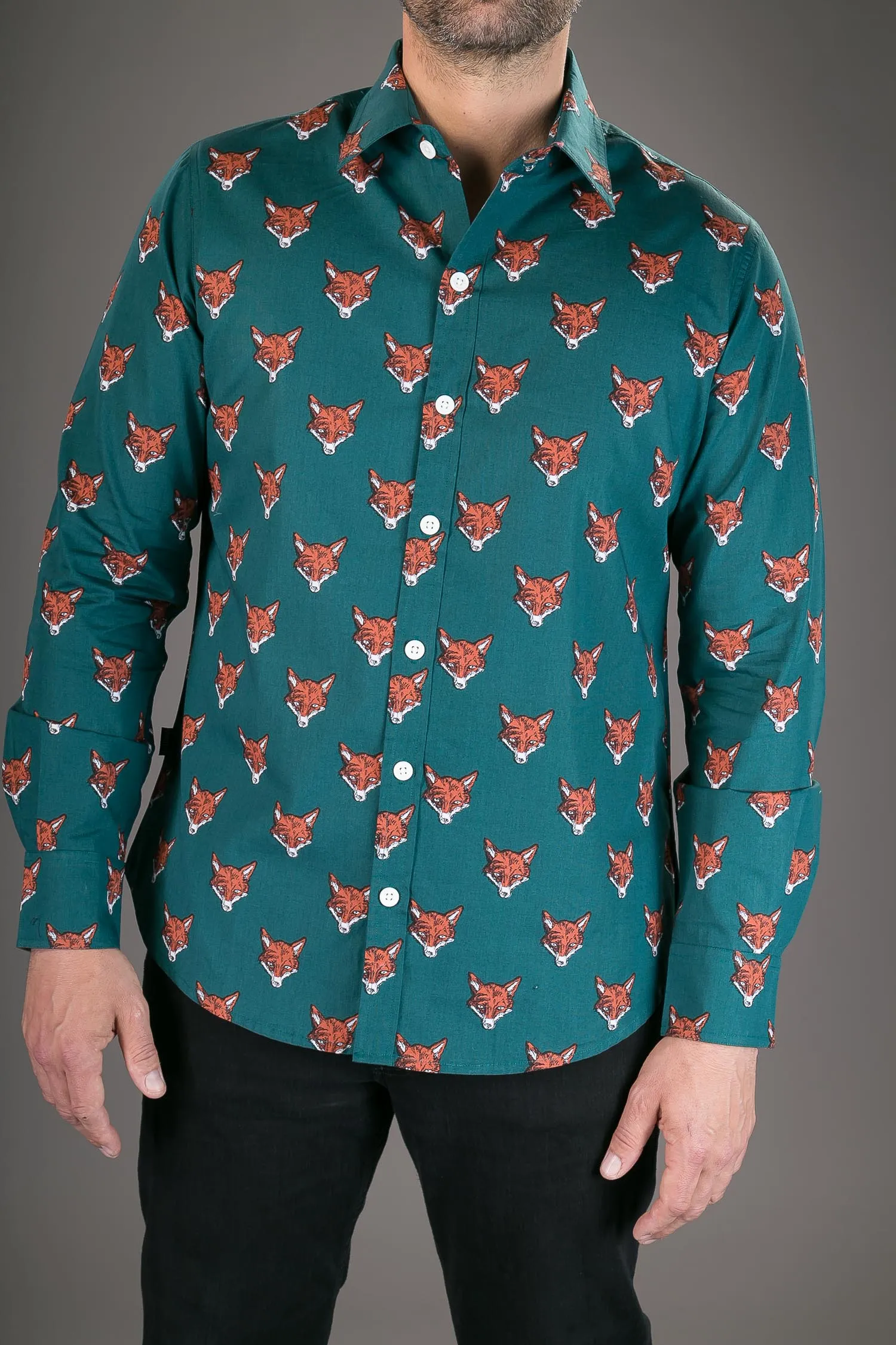 Fox Print Green Cotton Slim-Fit Long-Sleeve Mens Shirt