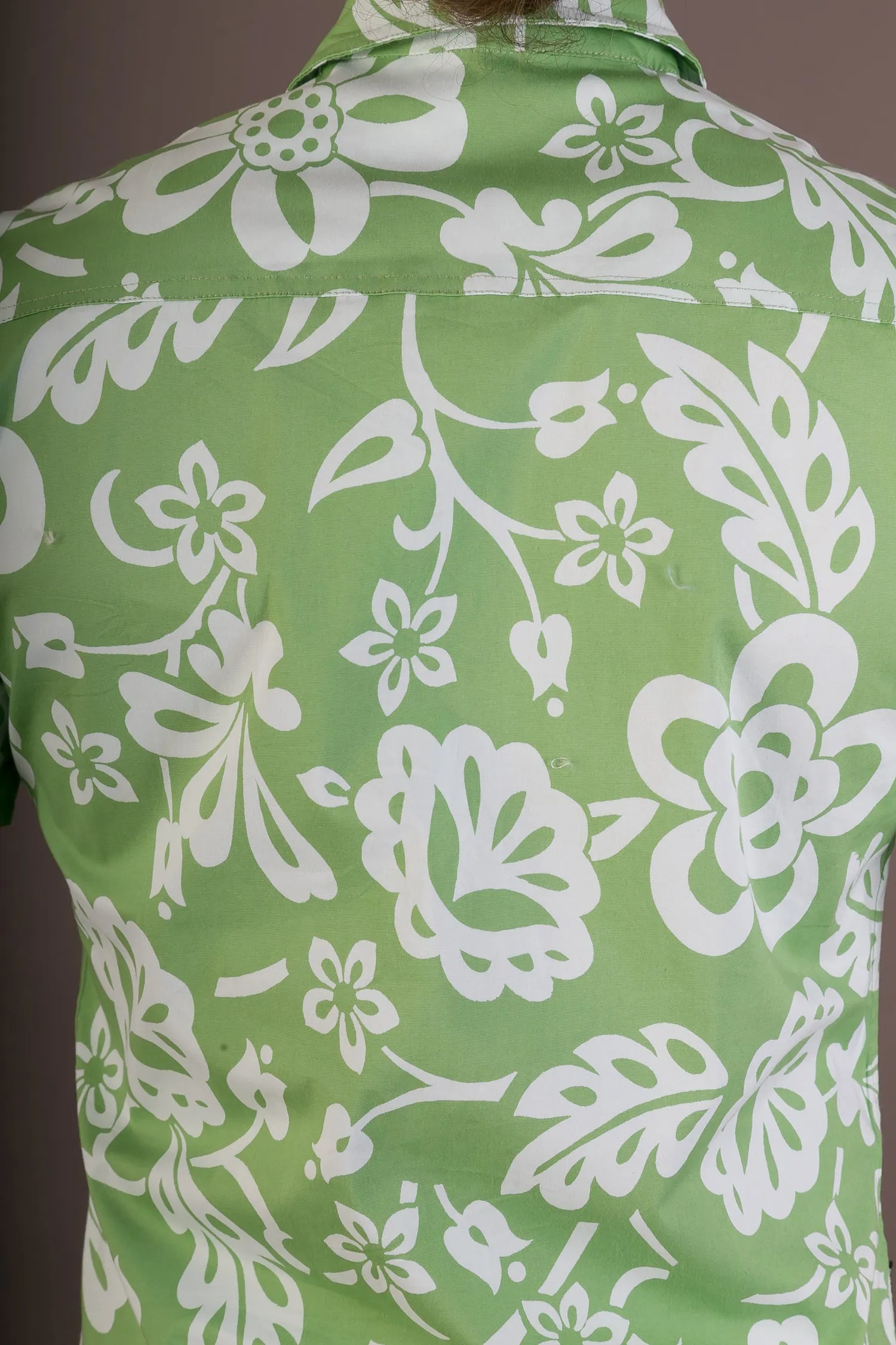 Green White Aloha Floral Print Cotton Slim and Regular Fit Mens Shirt Short Sleeve