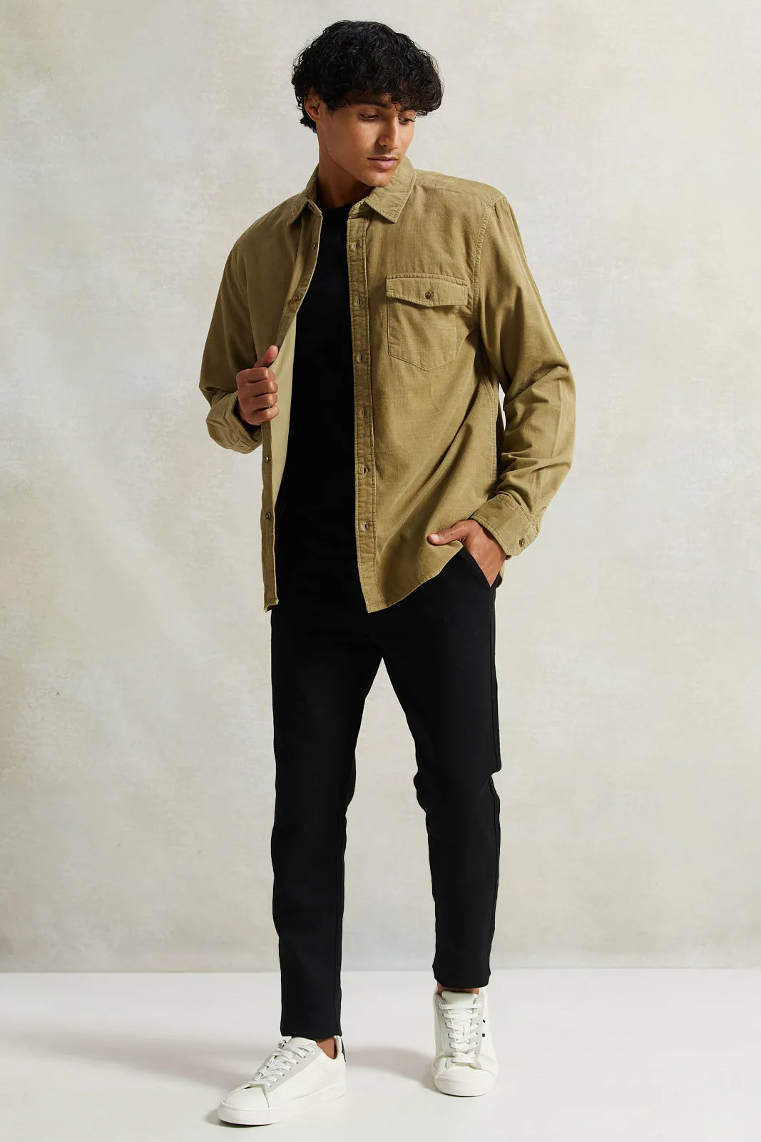 Men Beige Fine Corduroy Shirt