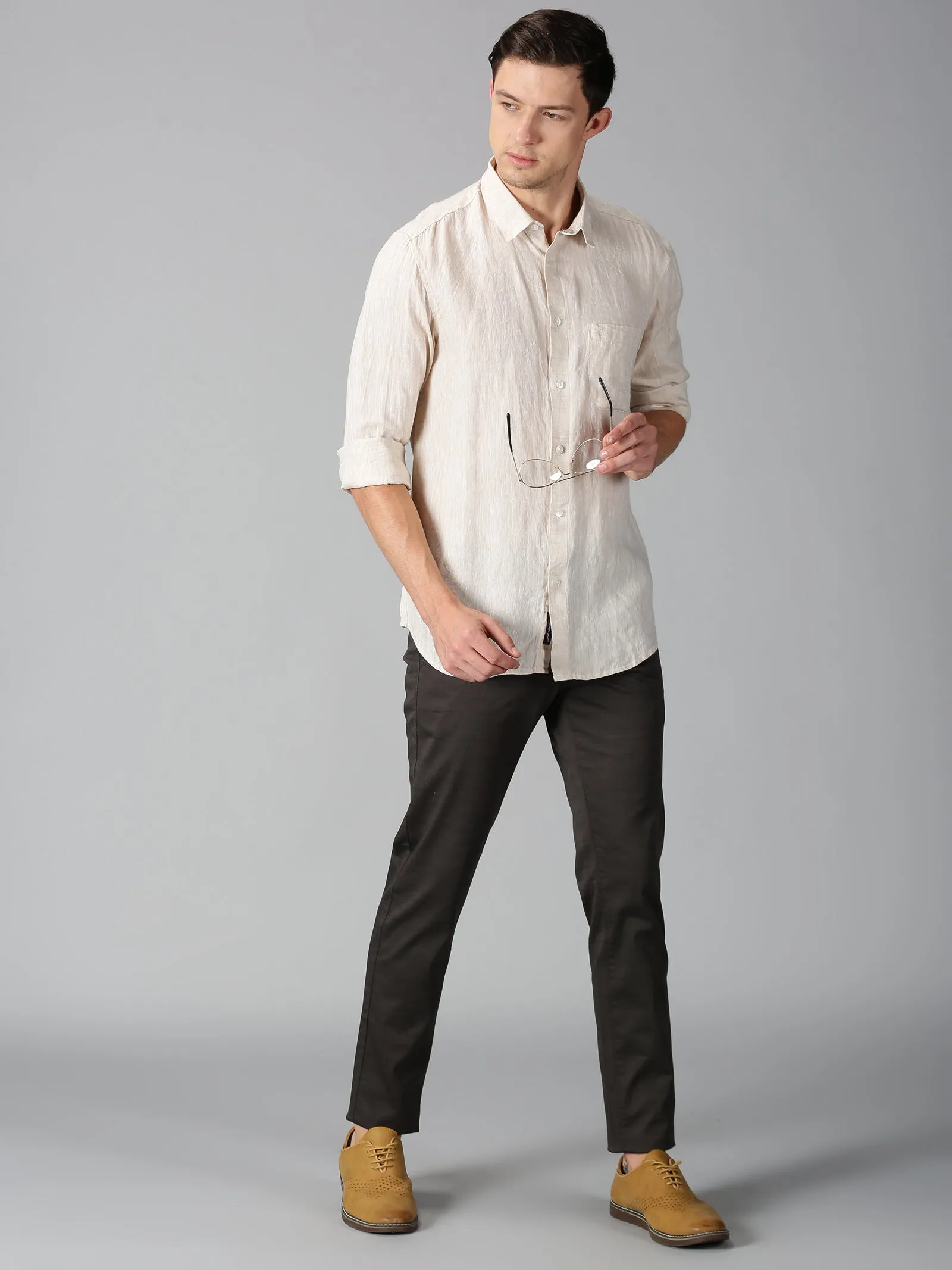 MEN LINEN BEIGE SOLID SLIM FIT SHIRT