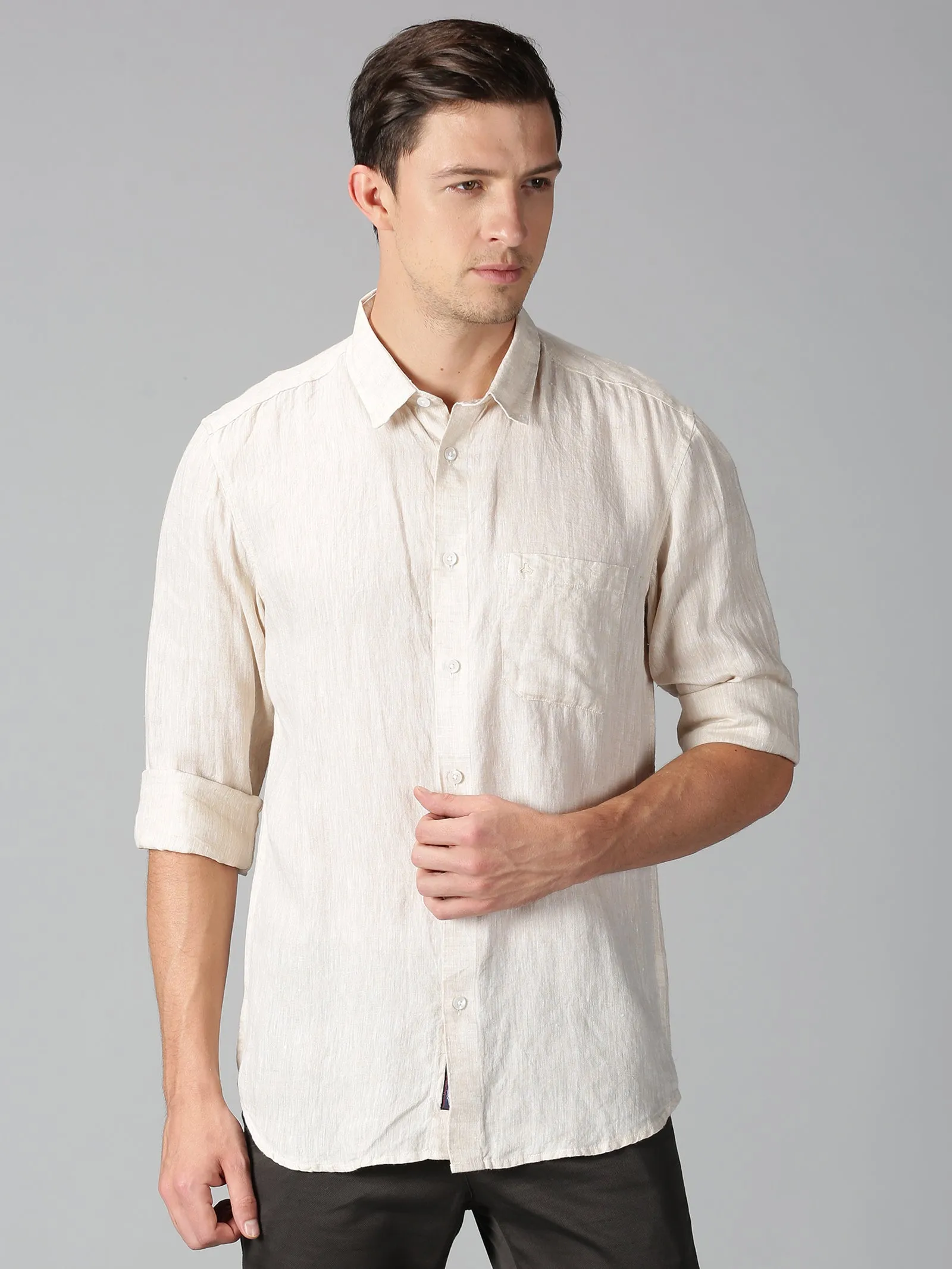 MEN LINEN BEIGE SOLID SLIM FIT SHIRT