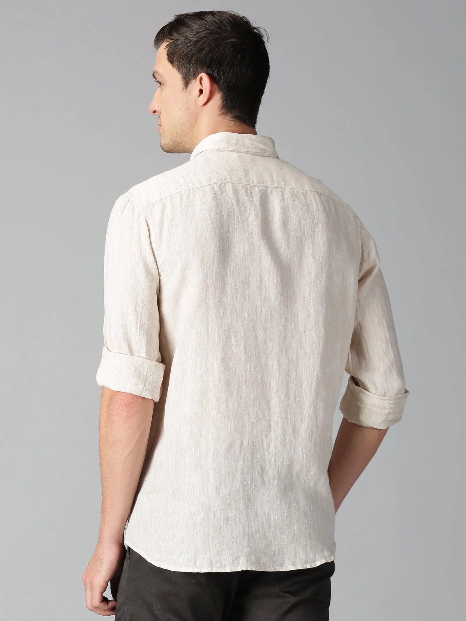 MEN LINEN BEIGE SOLID SLIM FIT SHIRT