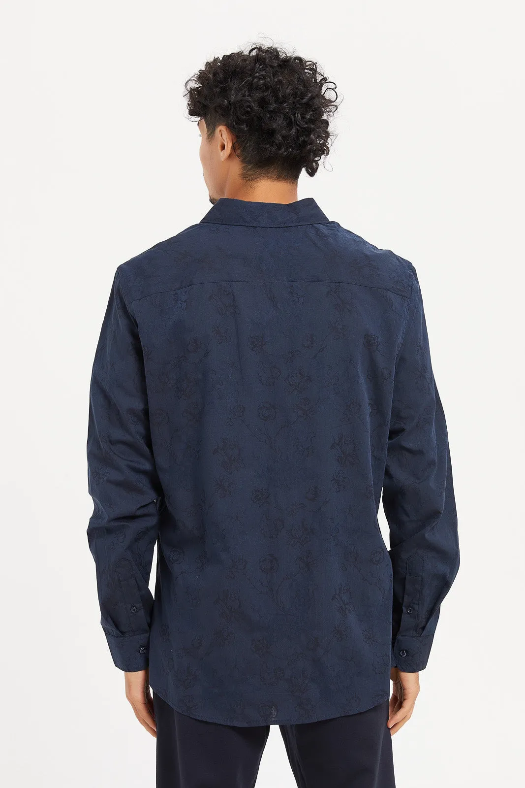 Men Navy Floral Jacquard Shirt