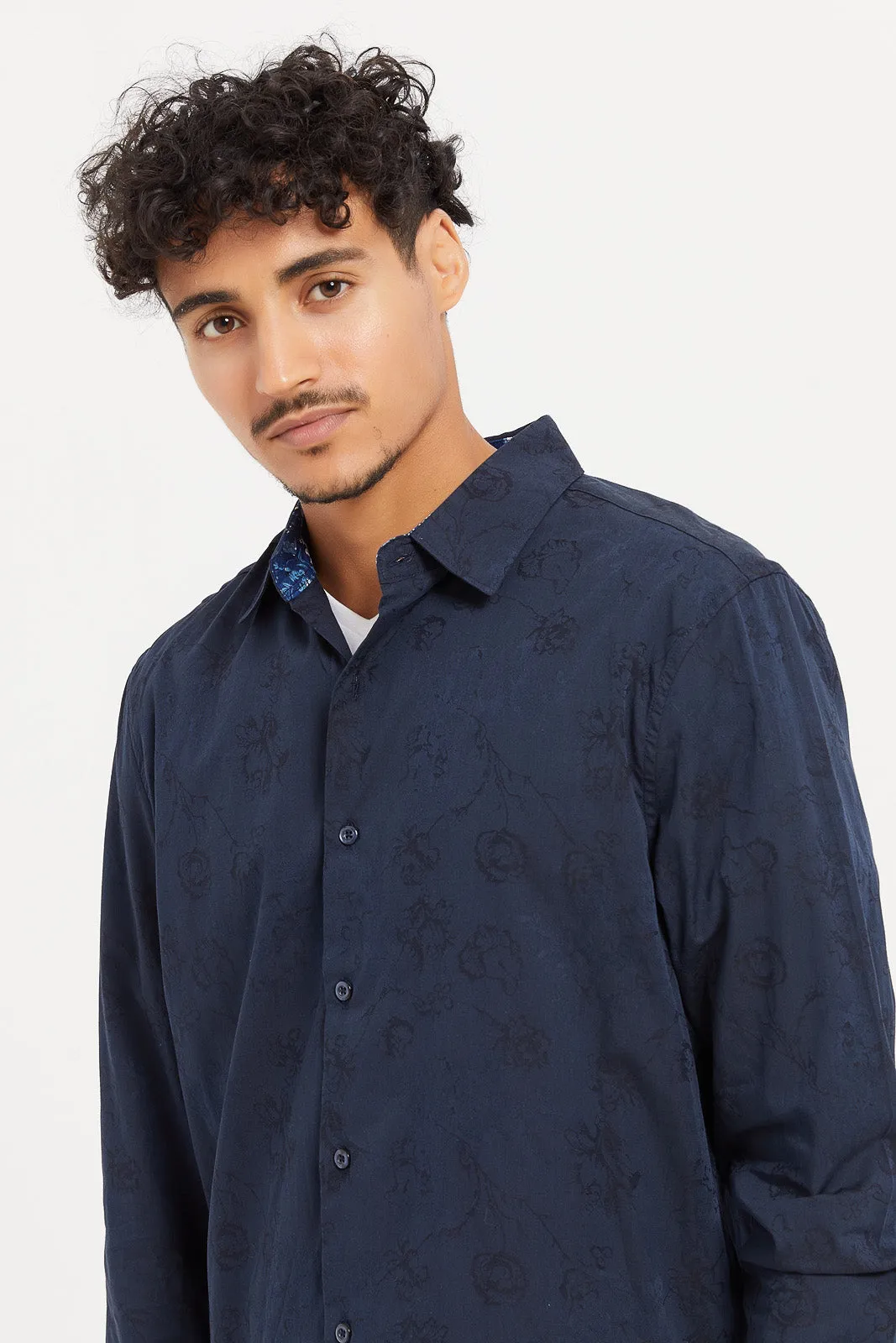 Men Navy Floral Jacquard Shirt