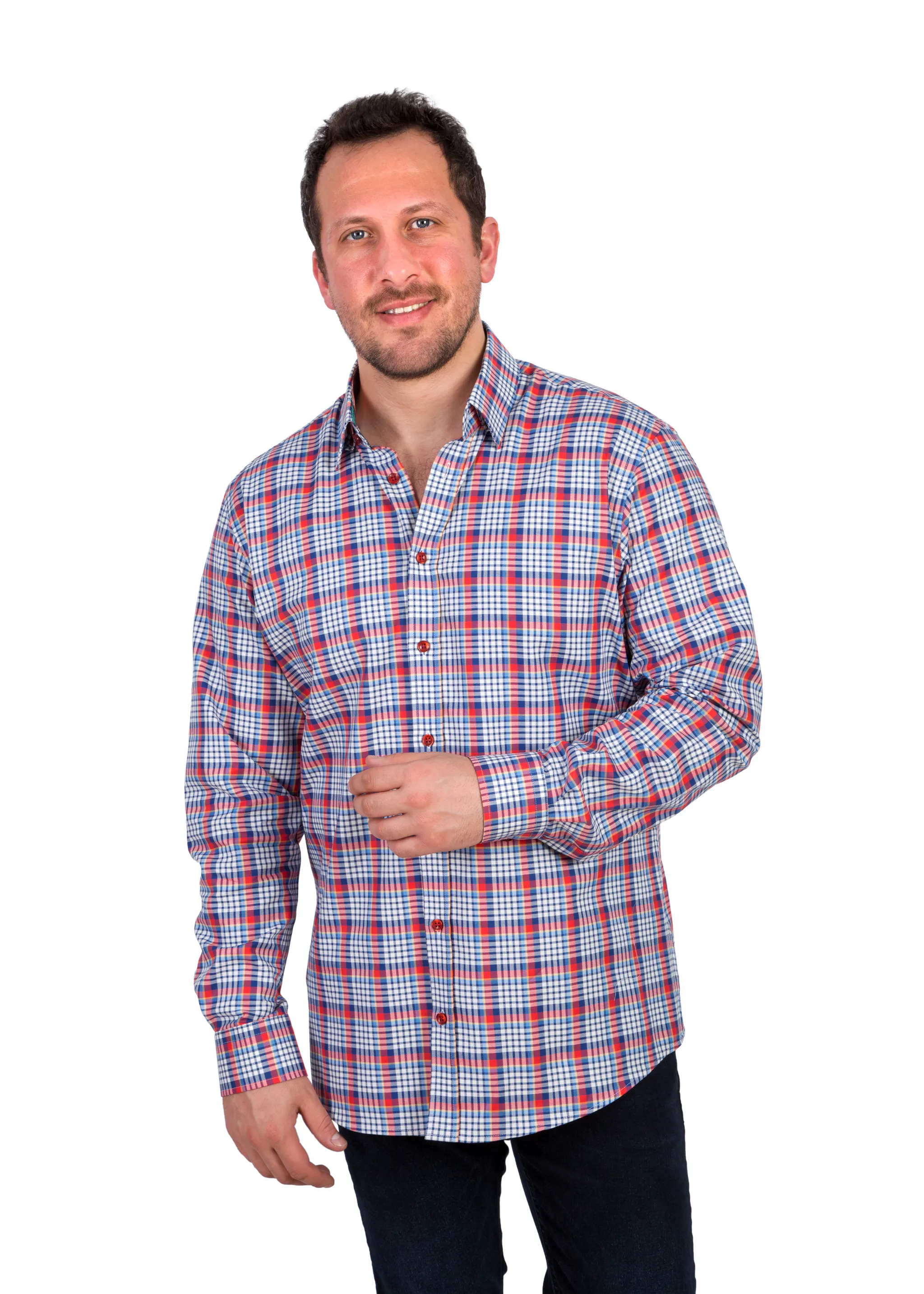 Men's 100% Cotton Red Check Oxford Hidden Button-Down Collar, Single Cuff Shirt