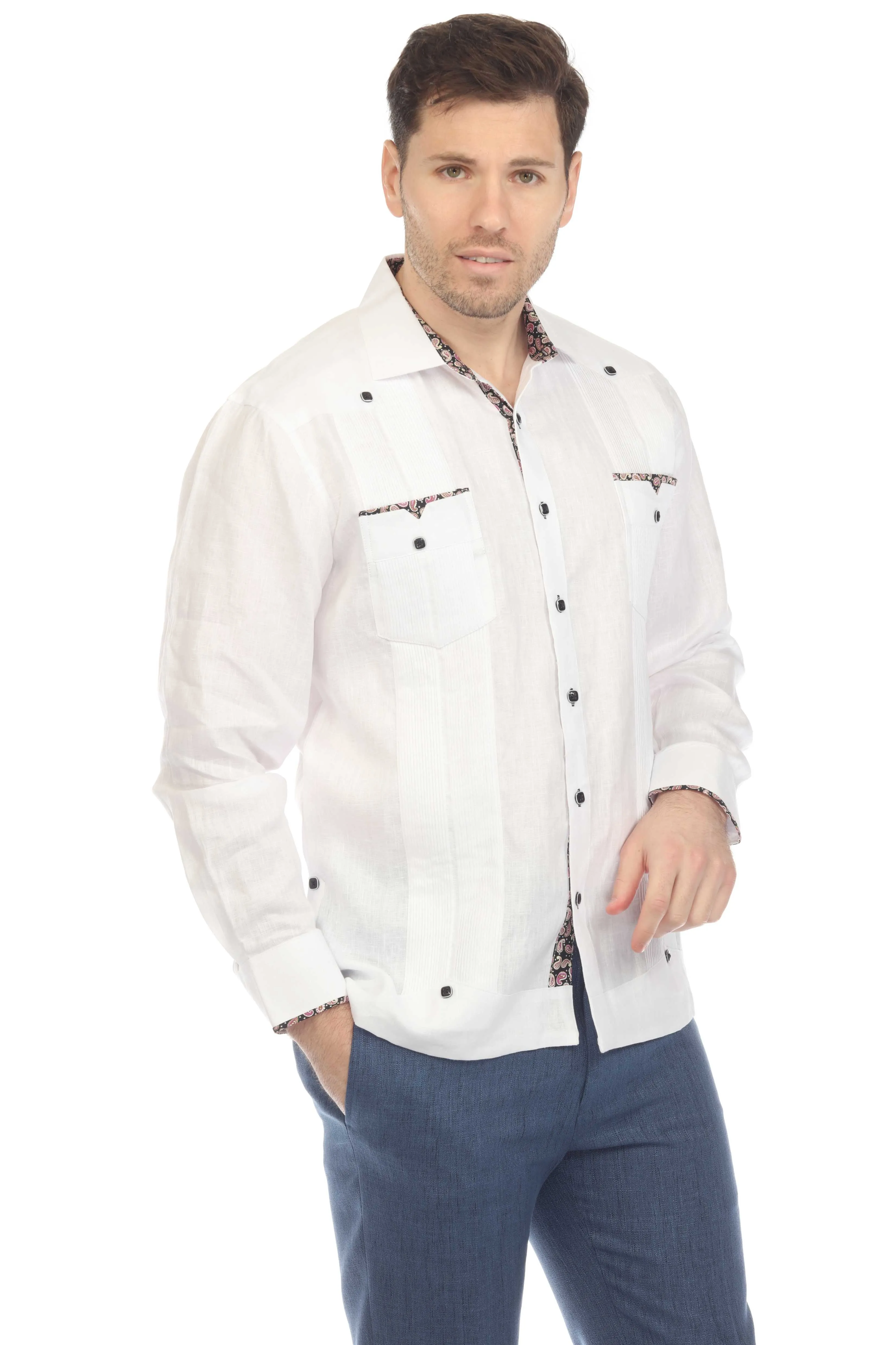 Men's 100% Linen Guayabera Chacabana Shirt Long Sleeve with Contrast Accent Trim