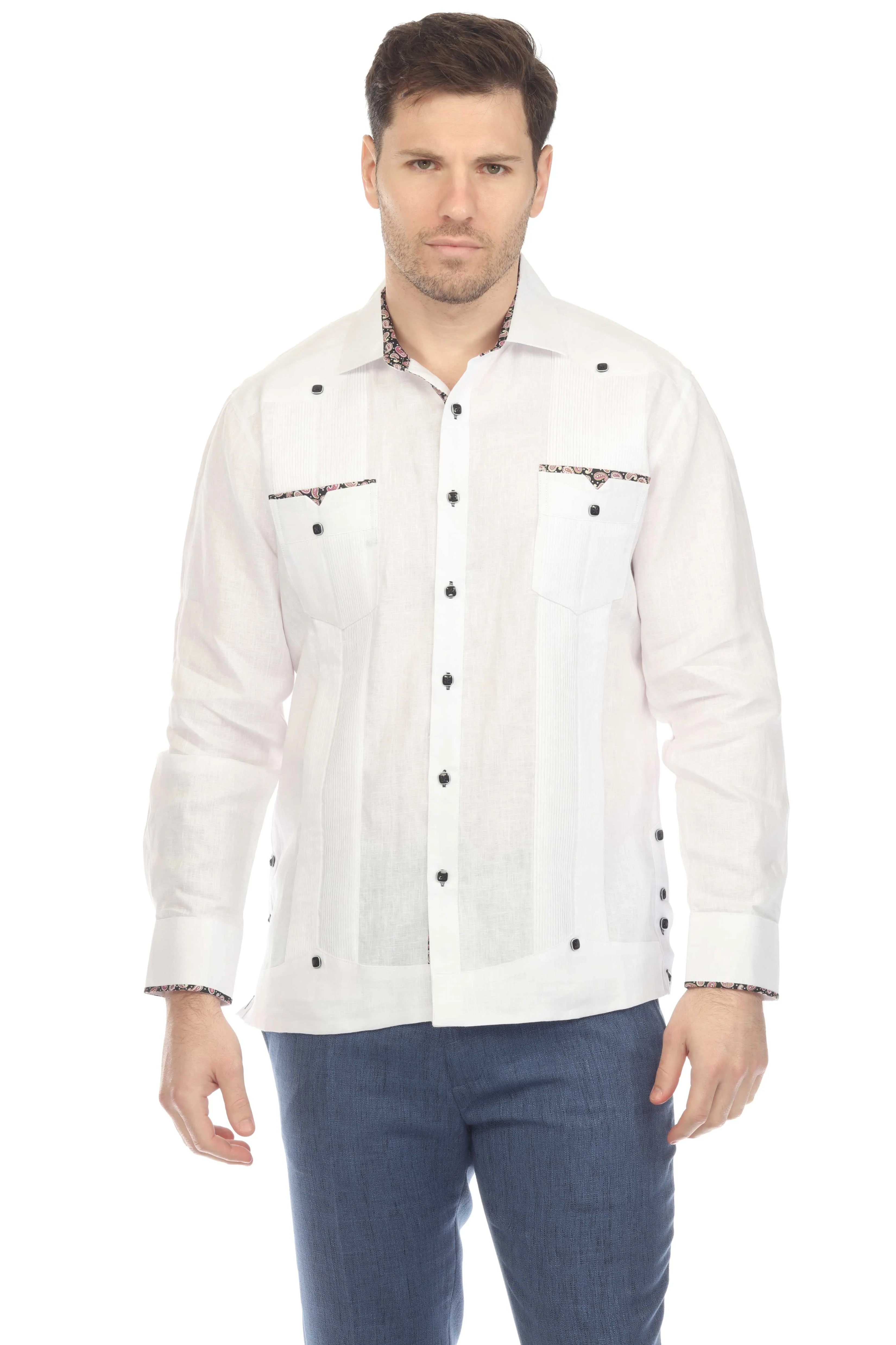 Men's 100% Linen Guayabera Chacabana Shirt Long Sleeve with Contrast Accent Trim