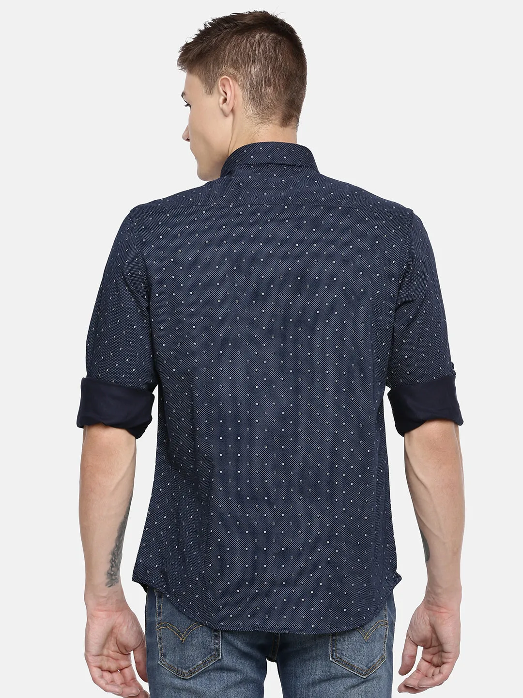 MEN'S NAVY BLUE PRINT SLIM FIT SHIRT