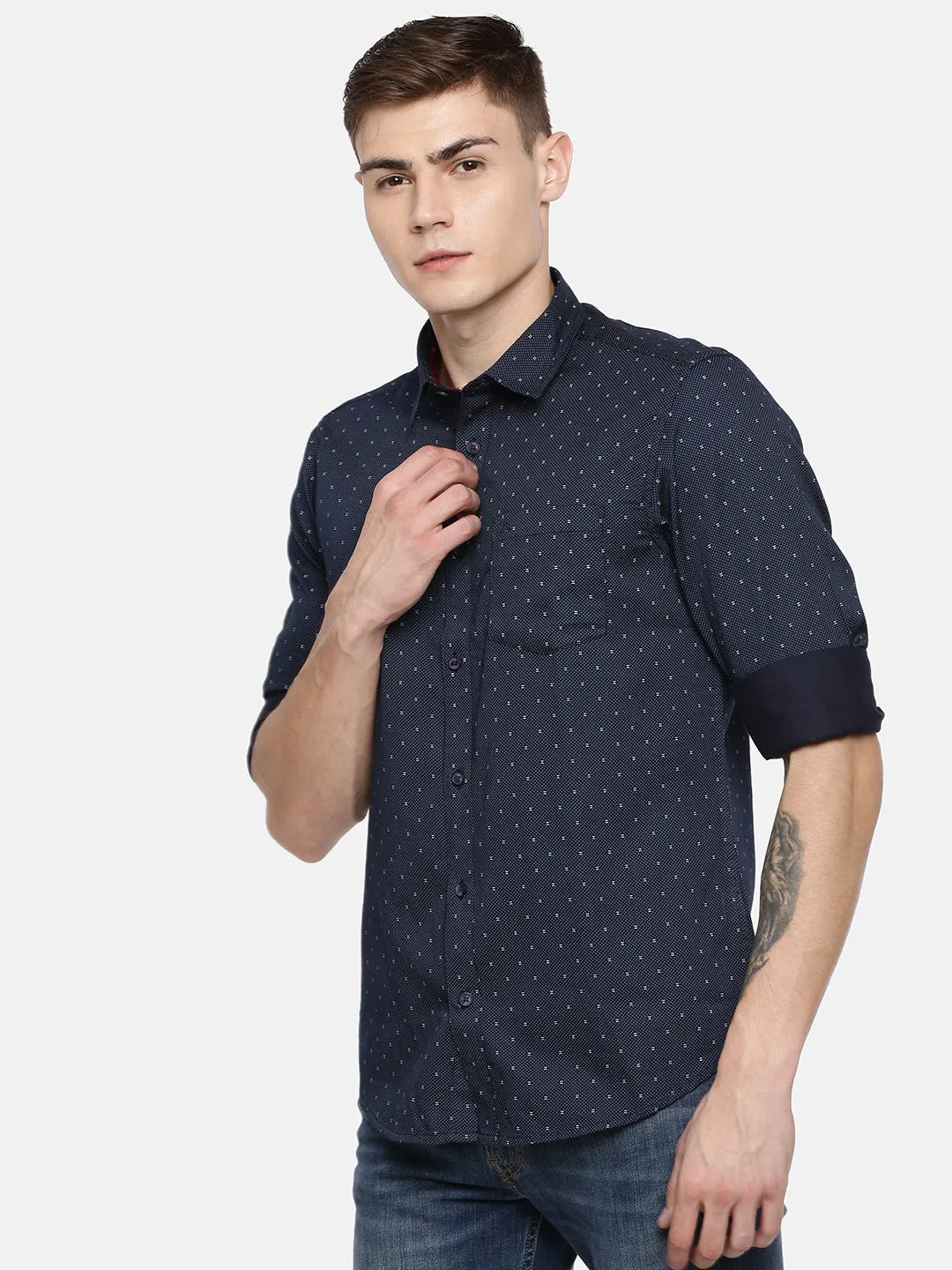 MEN'S NAVY BLUE PRINT SLIM FIT SHIRT