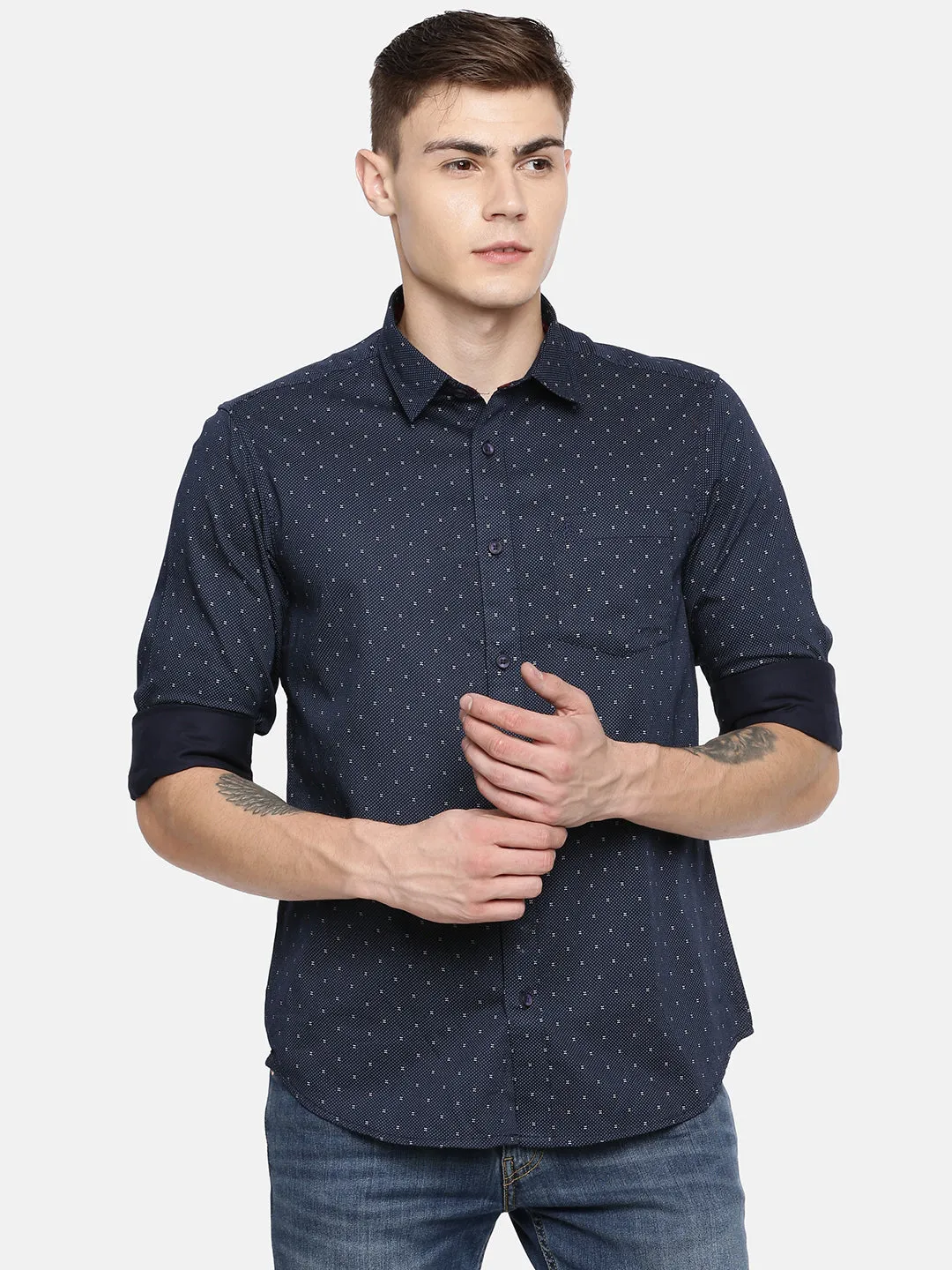 MEN'S NAVY BLUE PRINT SLIM FIT SHIRT