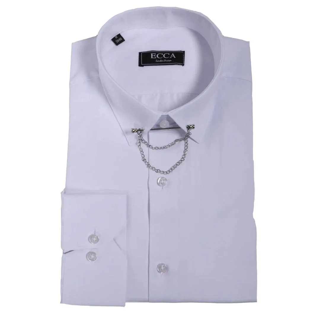 Mens White Button Down Poplin Shirt With Bar & Chain Smart Formal Classic