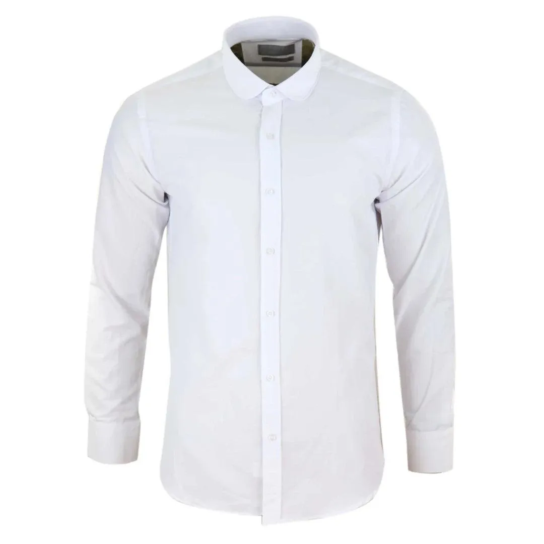 Mens White Nehru Classic Round Removable Collar Button Shirt Slim Regular Fit