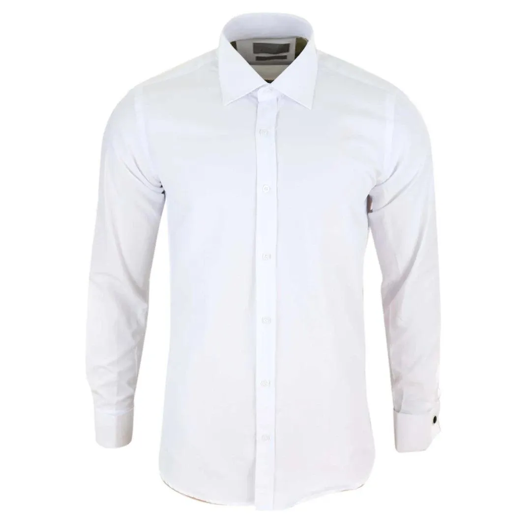 Mens White Nehru Classic Round Removable Collar Button Shirt Slim Regular Fit