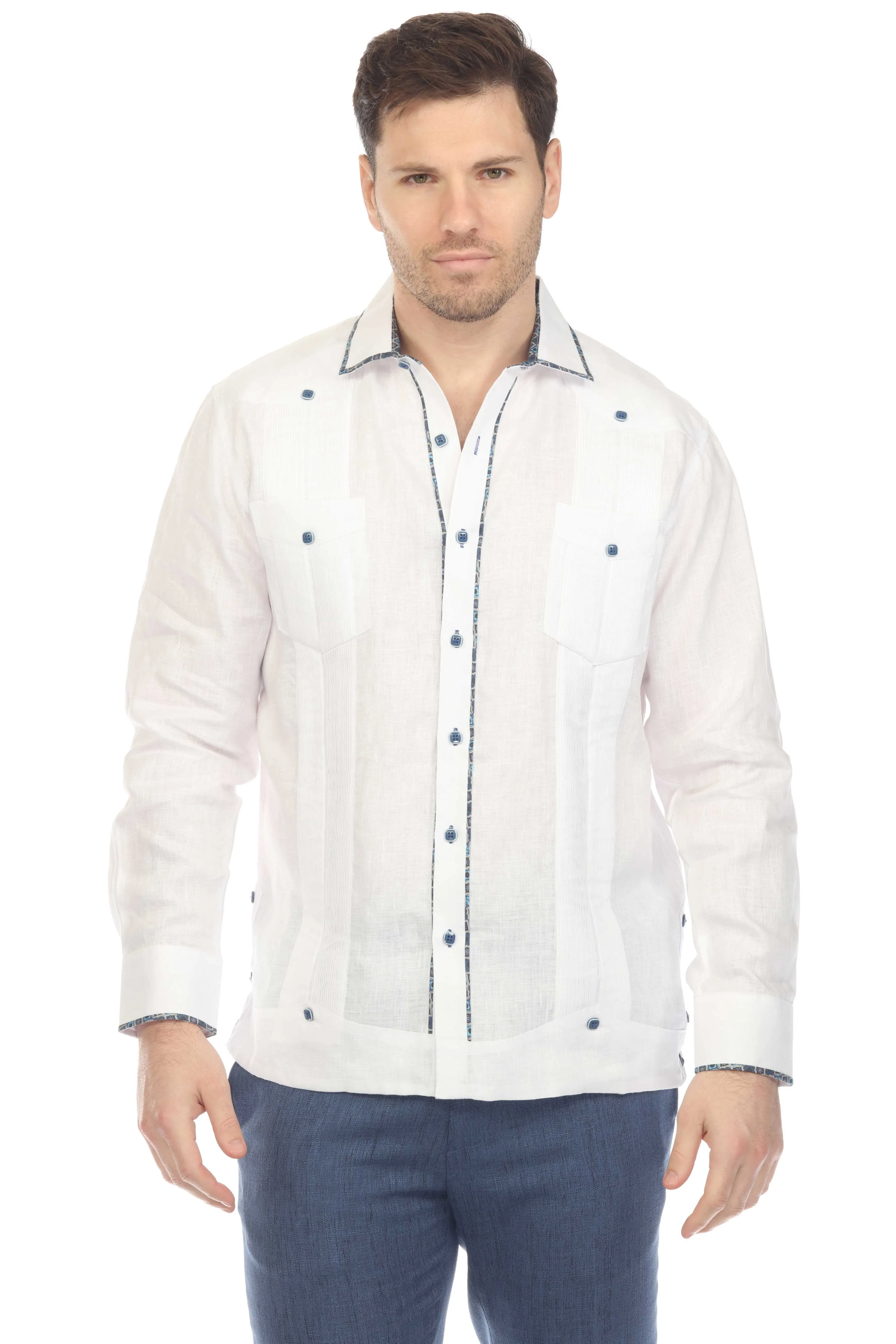 Mojito Men's 100% Linen Guayabera Chacabana Shirt Long Sleeve with Contrast Accent Trim