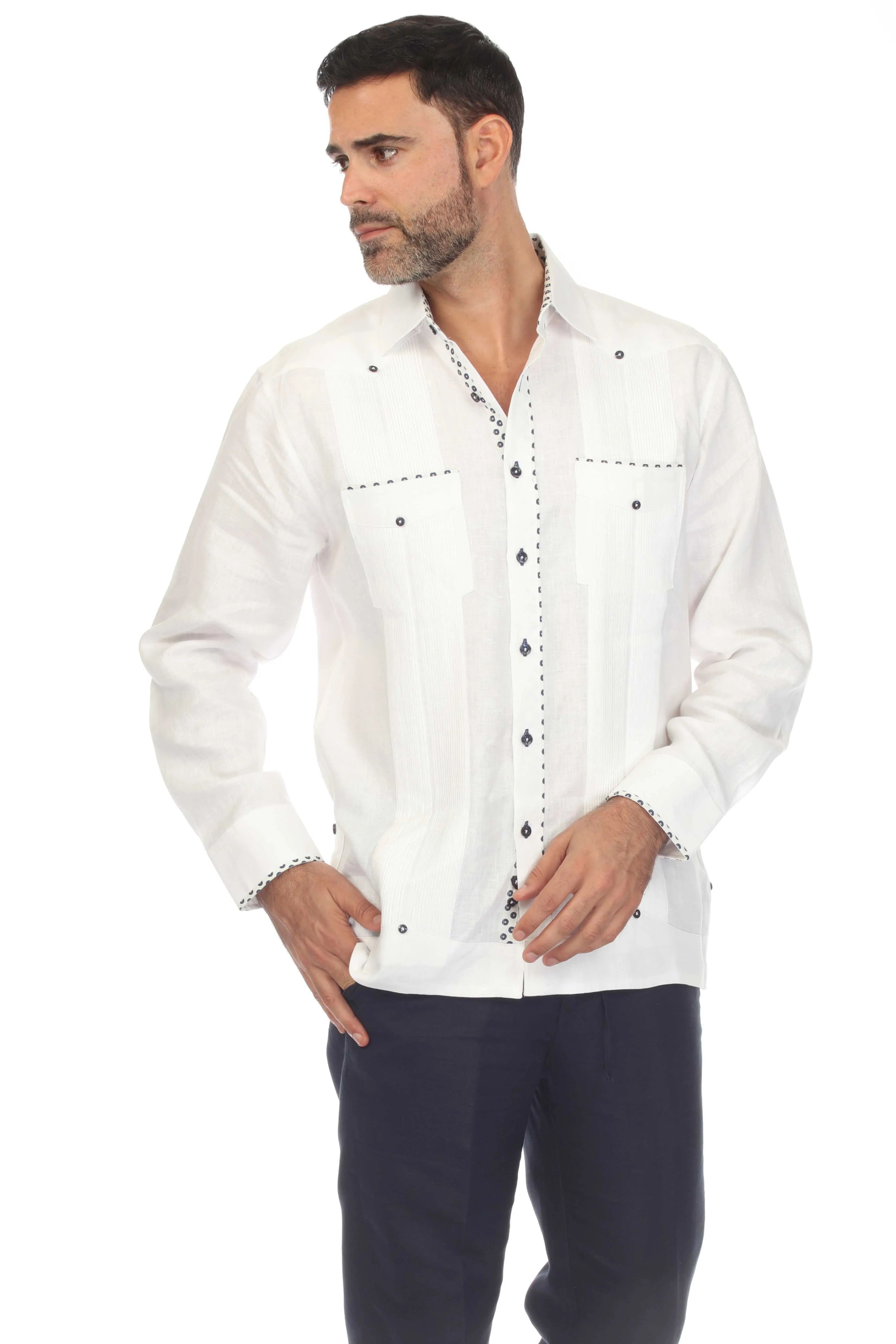 Mojito Men's 100% Linen Guayabera Chacabana Shirt Long Sleeve with Print Trim Accent